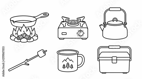 Camping Equipment Icon Set, Linear Style Outdoor Gear Collection