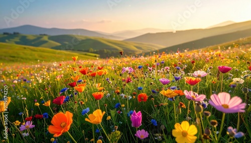 A vibrant meadow carpeted with colorful wildflowers under a golden sunrise sky, with rolling hills in the background.