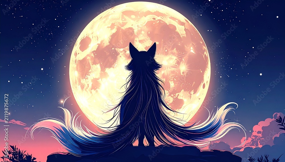 Fototapeta premium Nine-tailed Kitsune fox under a full moon. Mythical Japanese spirit creature in night sky.