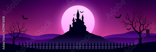Halloween banner with a spooky castle silhouette on a hill under a large full moon with bats and bare trees against a purple gradient sky background