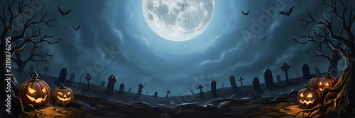 Spooky halloween graveyard scene at night with glowing jack-o-lanterns in the foreground under a large full moon and dark silhouette of tombstones