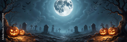 Spooky halloween graveyard scene featuring glowing jack-o-lanterns, dark twisted trees, a large full moon, and silhouettes of flying bats at night