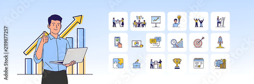 Business featuring a man with a laptop and a rising arrow chart, next to a collection of fifteen colorful flat on a light blue background
