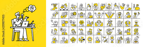 Business set featuring people working at desks, light bulbs, and financial charts in a thin line style on a yellow and white background grid