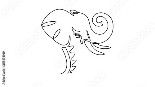 Animated self drawing of Continuous single line drawing of an elephant head profile black creative logo. Full length one line animation. 4K video 