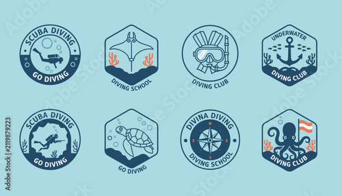 Scuba diving badges and sea life emblems set for underwater club logos