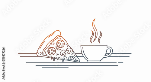 A slice of pizza and coffee.