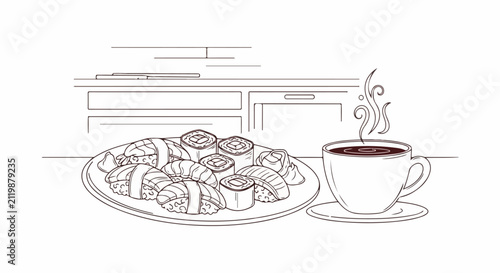 Croissants and coffee cup on plate.
