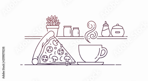 A slice of pizza and coffee.