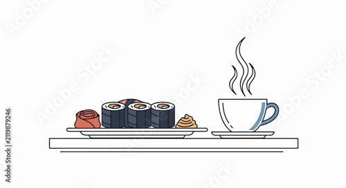 Sushi rolls on a plate with coffee.