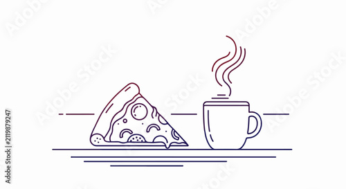 A slice of pizza and coffee.