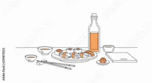Sushi plate with soy sauce bottle.