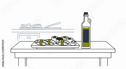 Bottle of olive oil on table.