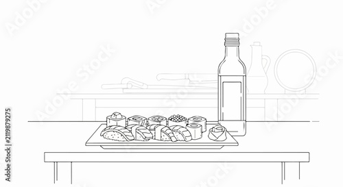 Bottle and plate on table.