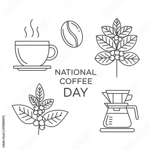 National Coffee Day Outline Icon Set with Coffee Cup Bean Plant and Dripper Vector Illustration