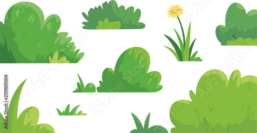 Fotografía Green bush and grass vector icon set, fresh garden shrubbery and outdoor nature