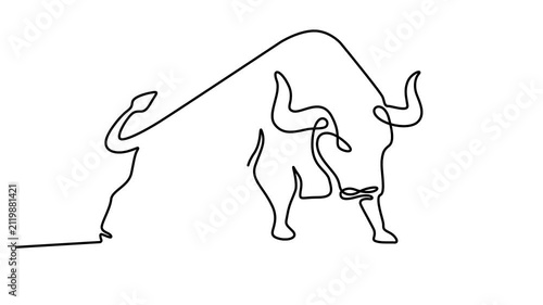 Animated self drawing of Continuous single line drawing of a bull silhouette isolated on a white background. Full length one line animation. 4K video