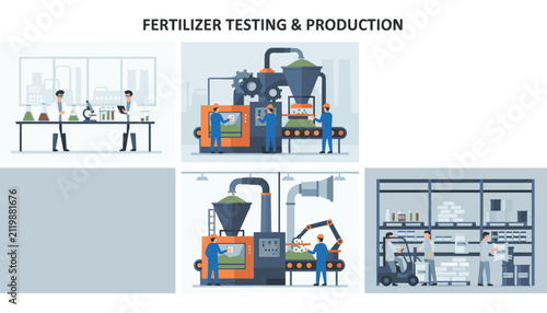 Process of fertilizer production and testing showing lab research factory manufacturing and warehouse storage