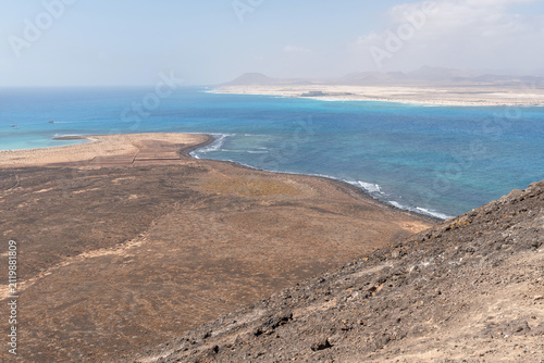 Panoramic view from Caldera Mountain on Lobos Island. Fuerteventura, Canary Islands