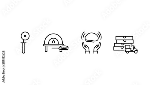 Pizza making process icons in outline style including a cutter wheel, hot brick oven, hand stretched dough, and delivery.