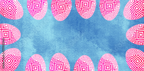 Konstfotografi pink pattern easter eggs border on blue watercolor background