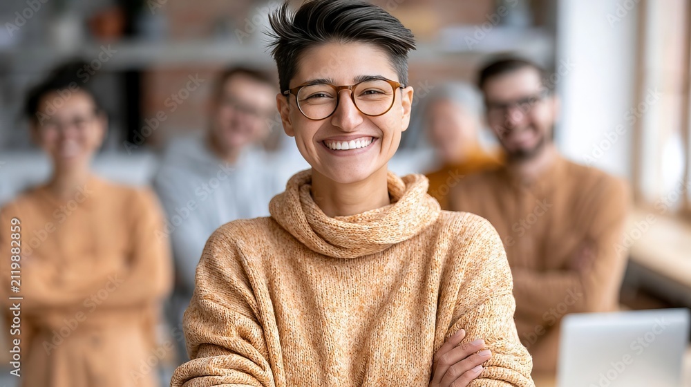 Obraz premium Smiling Young Diverse Multicultural Team Members Working Together Corporate Office Success Pose.
