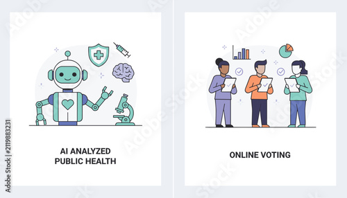 Modern illustration contrasts artificial intelligence analysis in healthcare with a group of citizens participating in online voting.