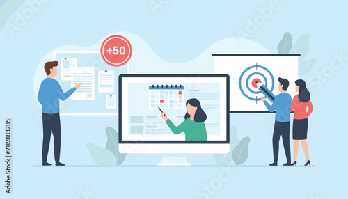 Business team manages employee recruitment, goal setting, and project scheduling using modern digital tools in the office.