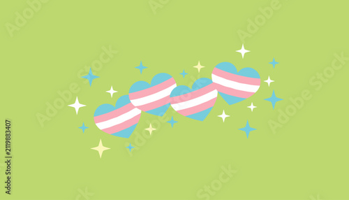 Transgender pride flag hearts floating with glowing stars against a lime green background celebrating diversity.