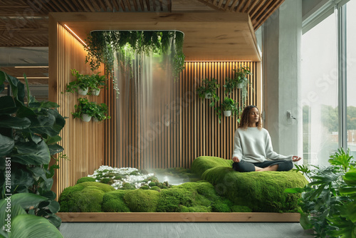 Office meditation corner with moss platform plants and calming waterfall