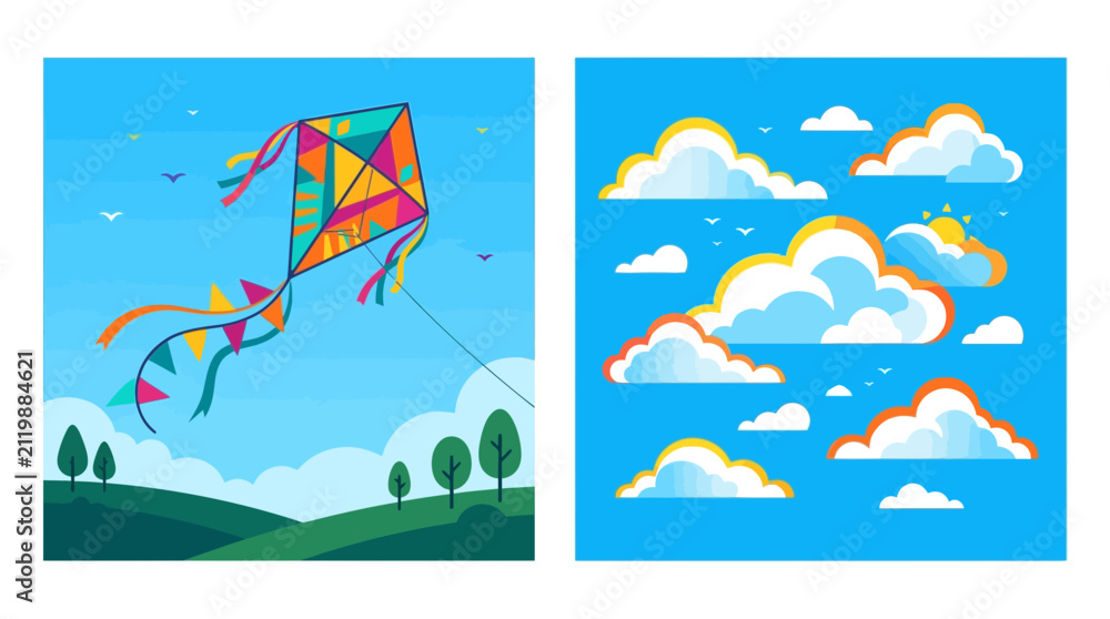 Fototapeta premium Colorful kite flying over landscape and stylized fluffy clouds illustration