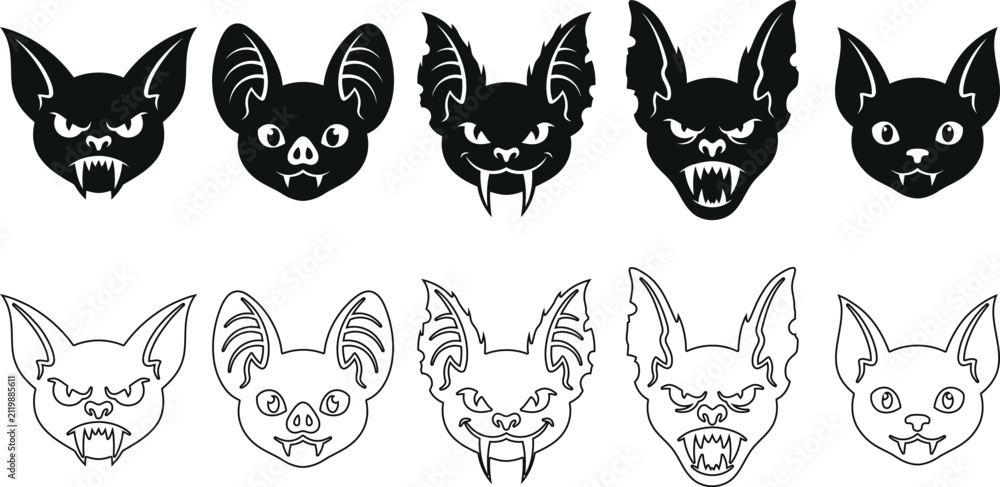 Obraz premium Set of various scary bat head icons in a bold black and white silhouette