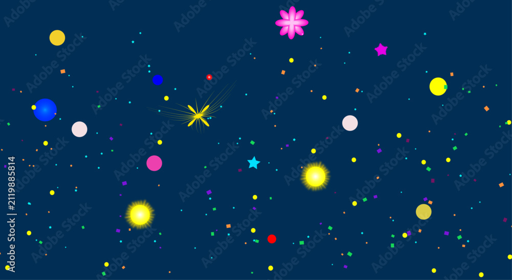 Naklejka premium Festive party backdrop featuring bright multicolored shapes, fireworks burst, and star confetti on night blue