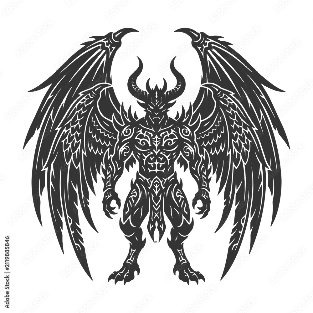 Fototapeta premium Intricate Winged Demon Illustration Featuring Tribal Patterns and Horns for Dark Fantasy Art Projects