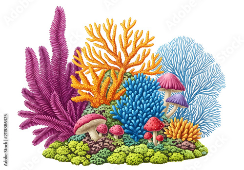 Fantasy mushroom coral garden with bright colors and whimsical shapes, magical underwater scene.