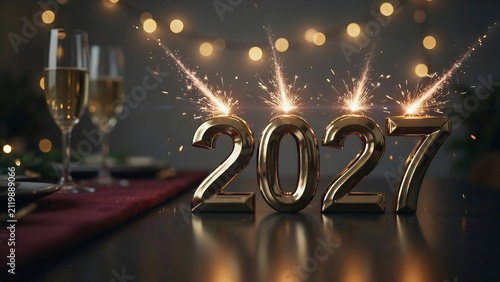 Sparkling 2027 celebration with golden fireworks and candles