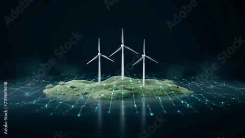 Three modern wind turbines on a green hill at night