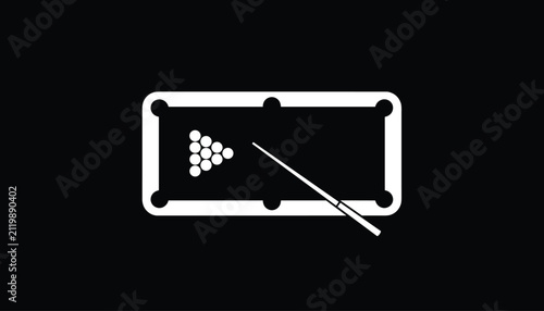 Minimalist white silhouette icon of a pool table with a cue stick and a triangle of balls on a black background.