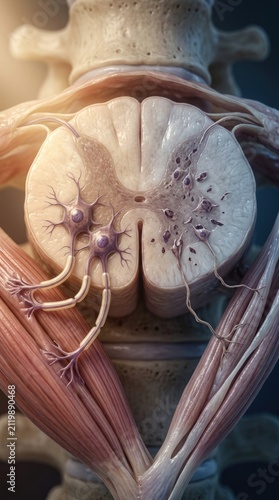 Neuromuscular pathogenetic pathway: spinal cord, motor neuron, muscular atrophy, cellular degeneration, nerve damage, muscle fiber, SMA disorder, genetic mutation.