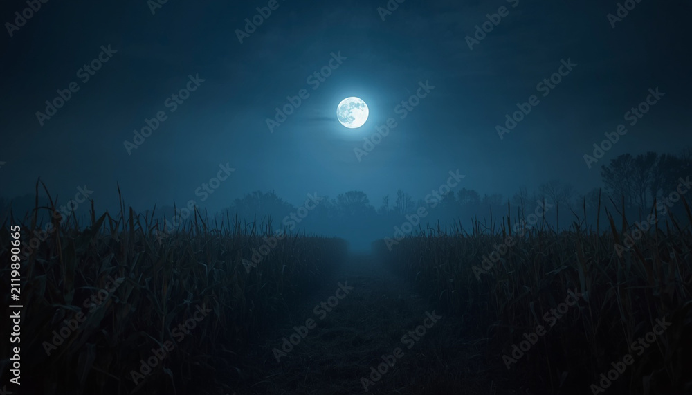 Fototapeta premium Full moon above a cornfield at night — part of a folk horror and dark poetry series
