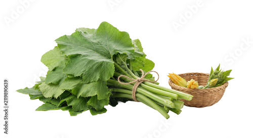 Fresh green radish leaves bundle with small basket of squash blossoms high quality 4K PNG image in white background