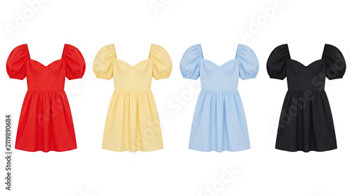 Four short summer dresses with puff sleeves in various colors high quality 4K PNG image in high quality 4K PNG image in white background