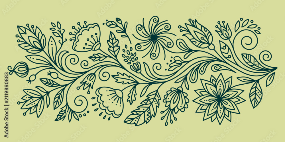 Fototapeta premium Folk Art Floral Vector Header with Botanical Line Drawings