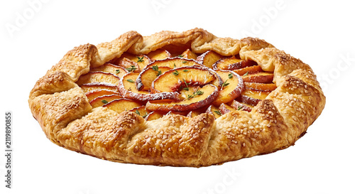 Delicious rustic peach galette pastry tart with sliced fruit high quality 4K PNG image in high quality 4K PNG image in white background