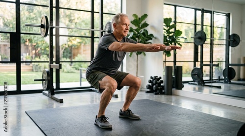 Older man doing squats in a modern home gym with weights and mirrors