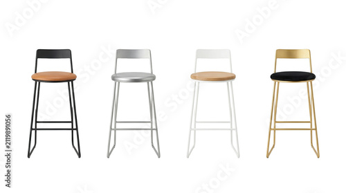 Collection of four modern tall bar stools with metal frames high quality 4K PNG image in white high quality 4K PNG image in white background