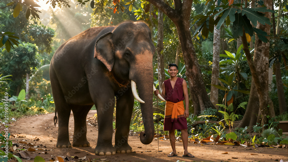Fototapeta premium Elephant and Handler in Tropical Forest