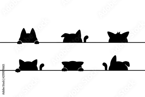 Playful cat silhouettes peeking over horizontal lines white background high resolution picture