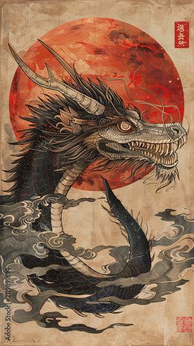 Stylized Asian-inspired dragon poster with a vibrant red moon