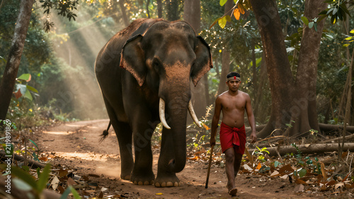 Elephant Handler in Lush Forest